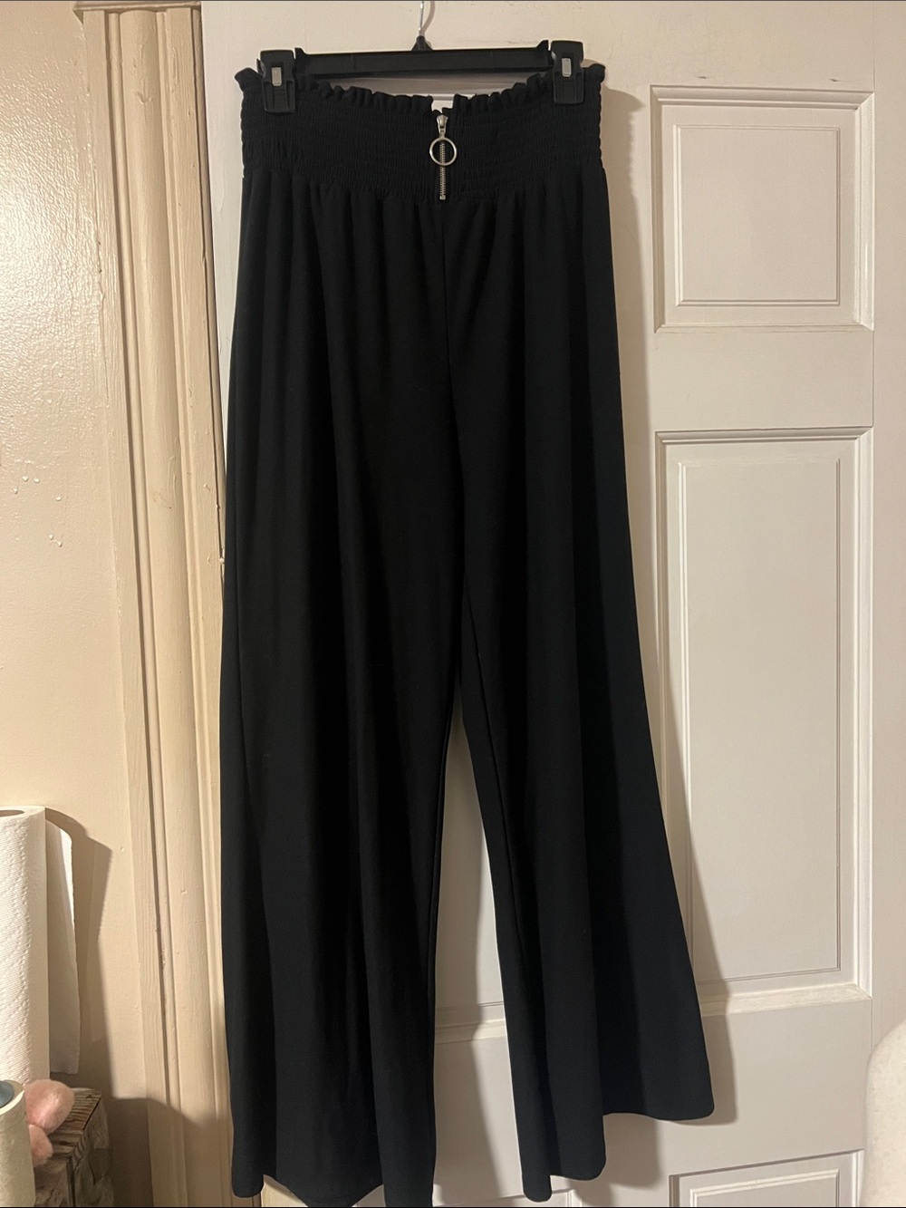 High-Rise Smocked Wide-Leg Pants with Ring Zip — Black